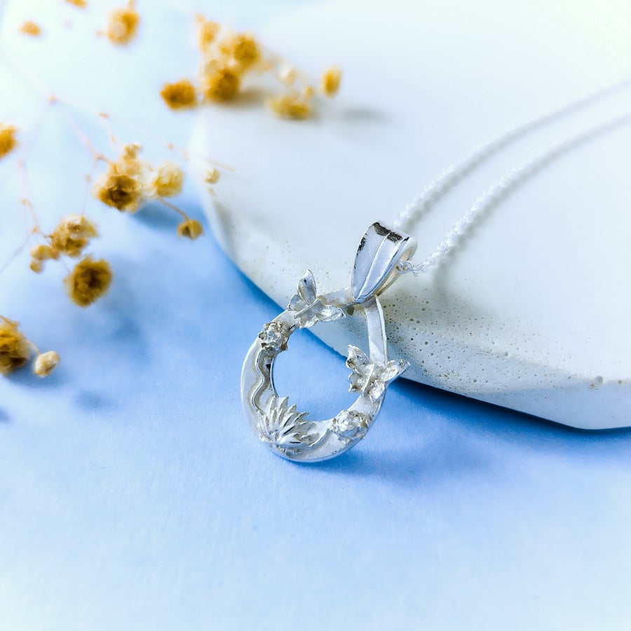 Butterfly Necklace - Recycled Silver Pendant with Flowers and Butterflies