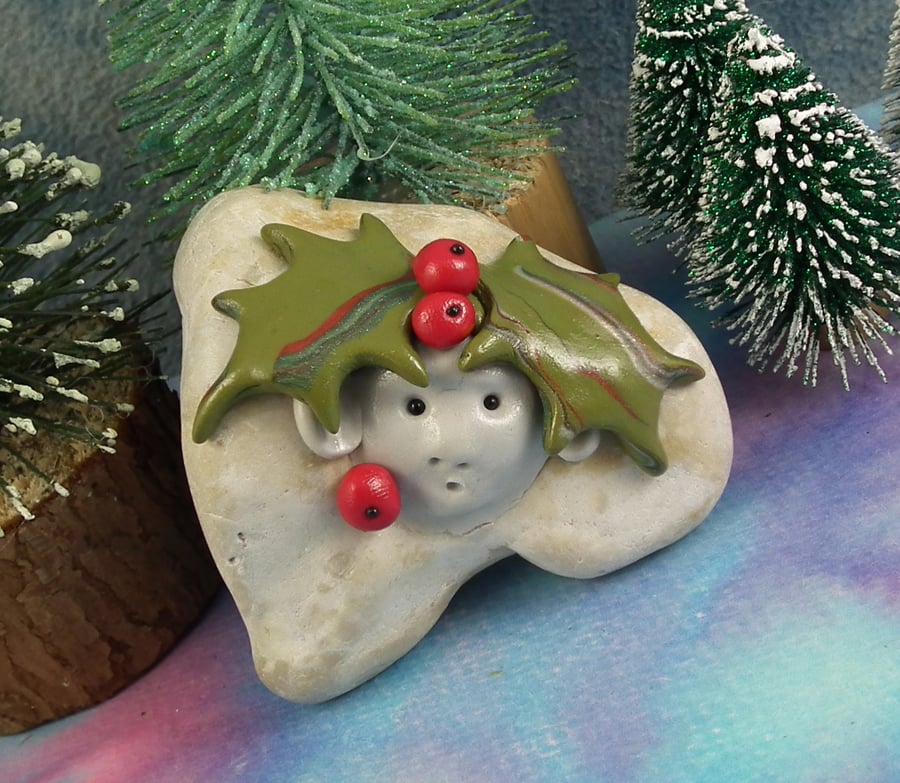 Christmas Rock Gnome 'Walter' with holly hat OOAK Sculpt by Ann Galvin