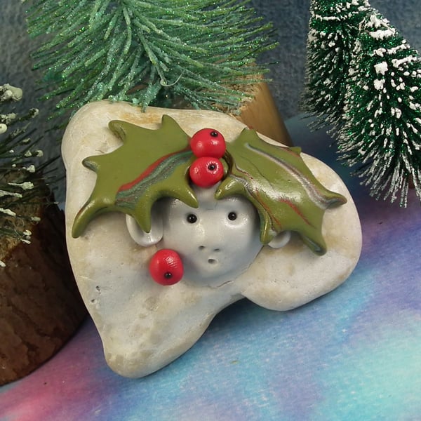 Christmas Rock Gnome 'Walter' with holly hat OOAK Sculpt by Ann Galvin