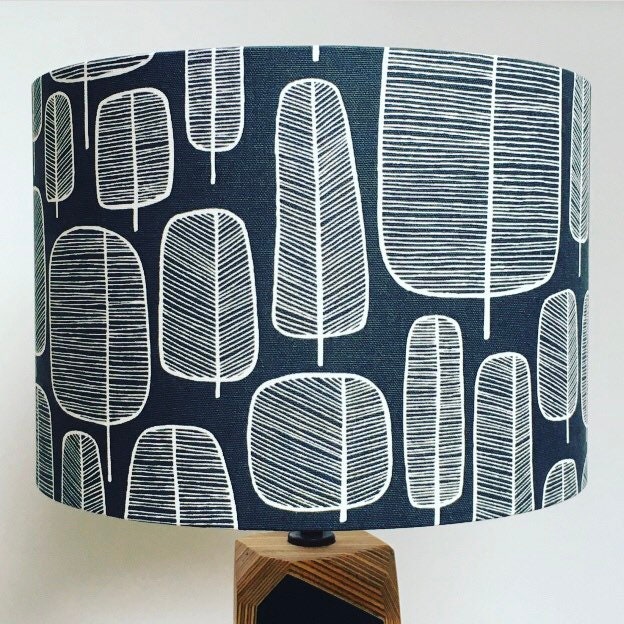 Handmade charcoal grey Missprint 'Little Trees' fabric drum lampshade