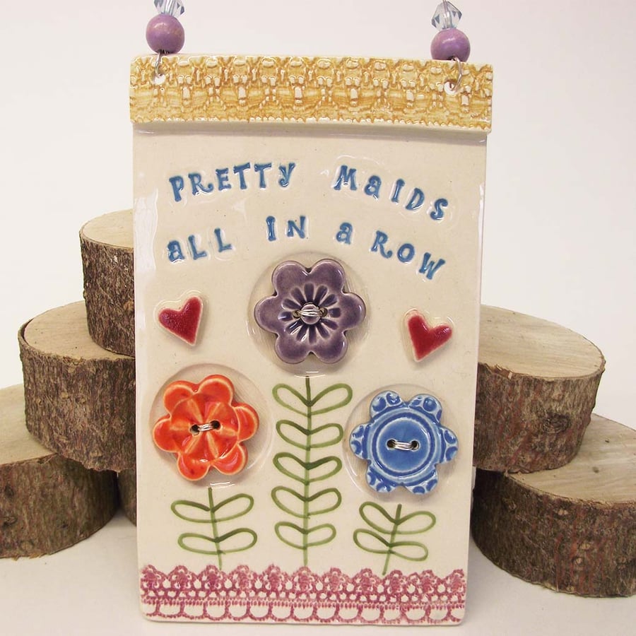 Ceramic wall plaque Pretty Maids pottery flowers wall tile ceramic decoration