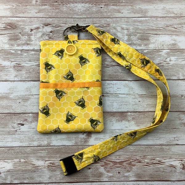 Bees Lanyard Pouch, Phone, Glasses, Travel, Detachable lanyard, Handmade