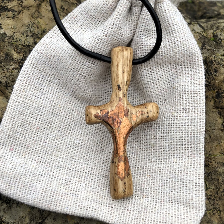 Boho chic hand carved oak, wooden cross pendant with copper leaf