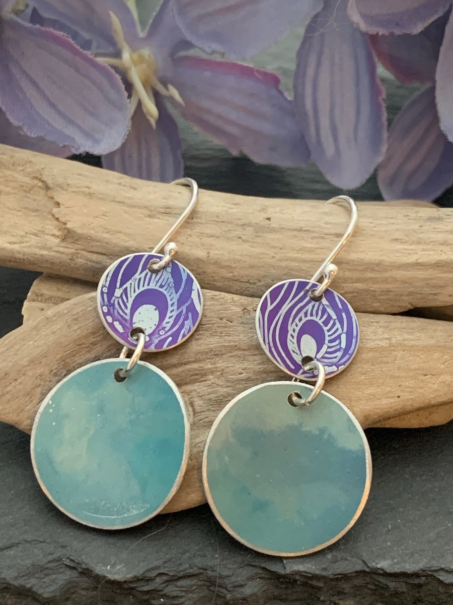 Hand painted aluminium earrings - pale teal with purple peacock print