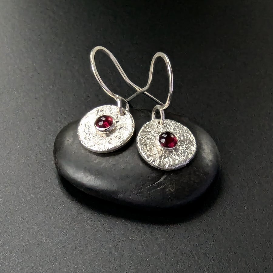 TEXTURED GARNET EARRINGS Recycled Sterling Silver Garnet Disc Drop Earrings 