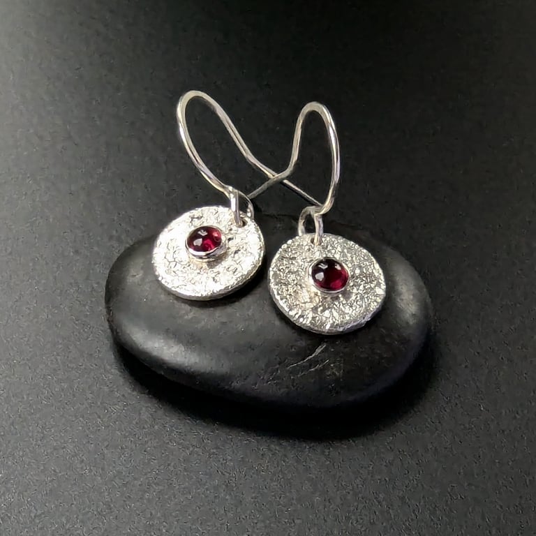 TEXTURED GARNET EARRINGS Recycled Sterling Silver Garnet Disc Drop Earrings 
