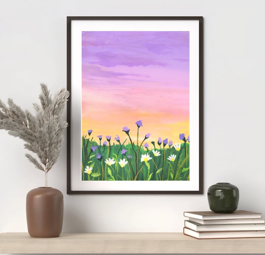 Flowers at Sunet - Gouache Landscape Painting - Print from Original Artwork 