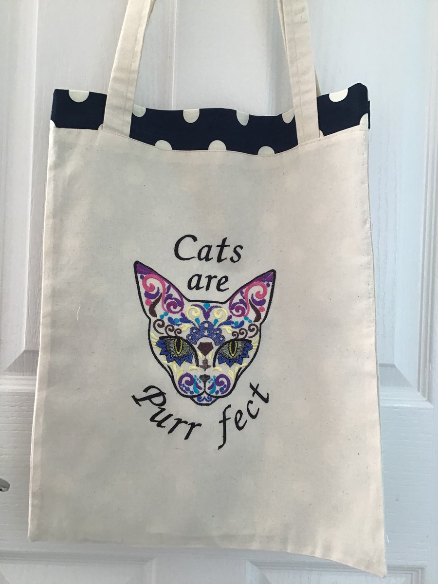 Tote bag embroidered cat. Reduced was 10.00 now 7.00