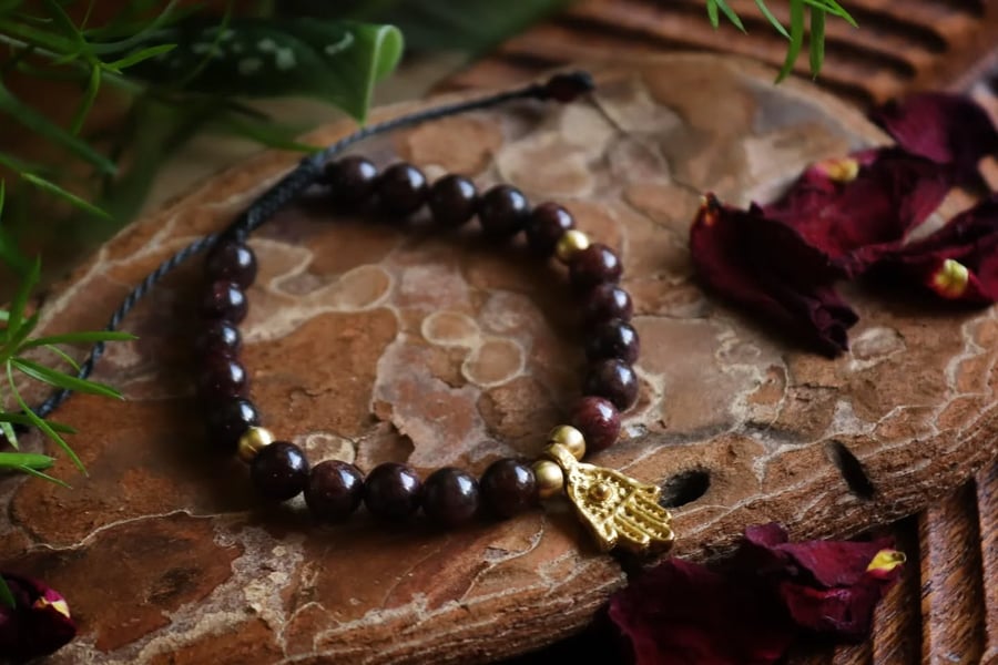 Chunky bracelet with 6mm Garnet beads and brass charm Hamsa Hand.