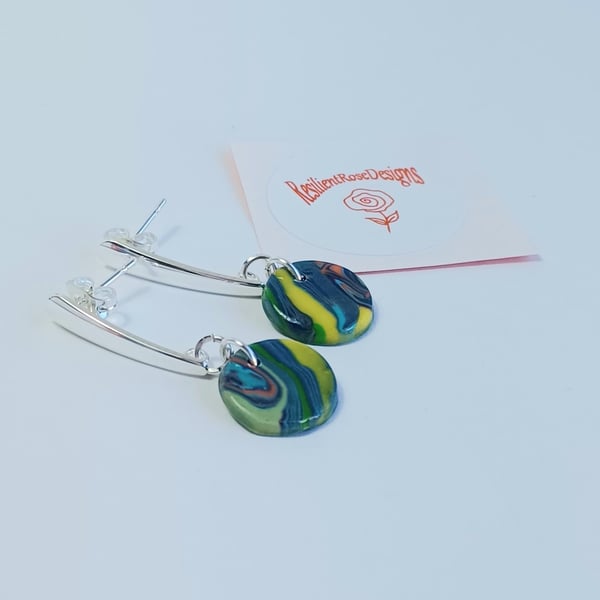 Blue, green and yellow marble effect handmade round dangle earrings     