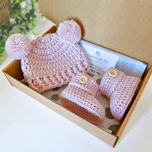 Newborn Crochet Hat and Booties Set in Wild Orchid - New Baby Gift