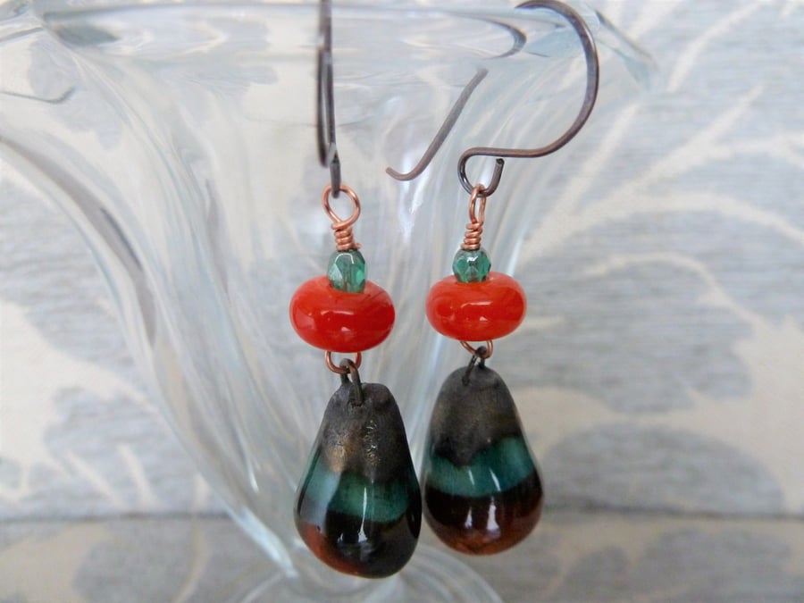 orange and green lampwork, ceramic and copper earrings