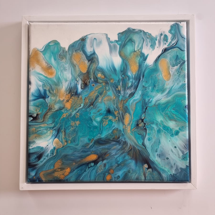 (30) Abstract Acrylic Art, Blue Square with Gold on Canvas