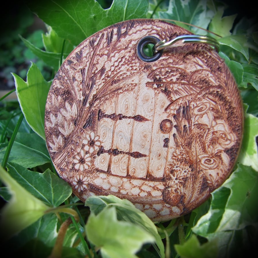 Fairy Door Pyrography on Leather Keyring