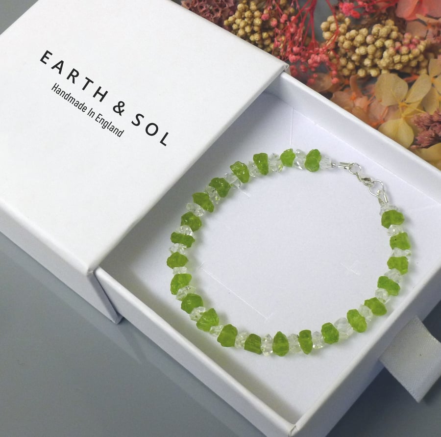 Raw Herkimer Diamond Quartz & Peridot Bracelet. Sterling Silver or Gold Filled