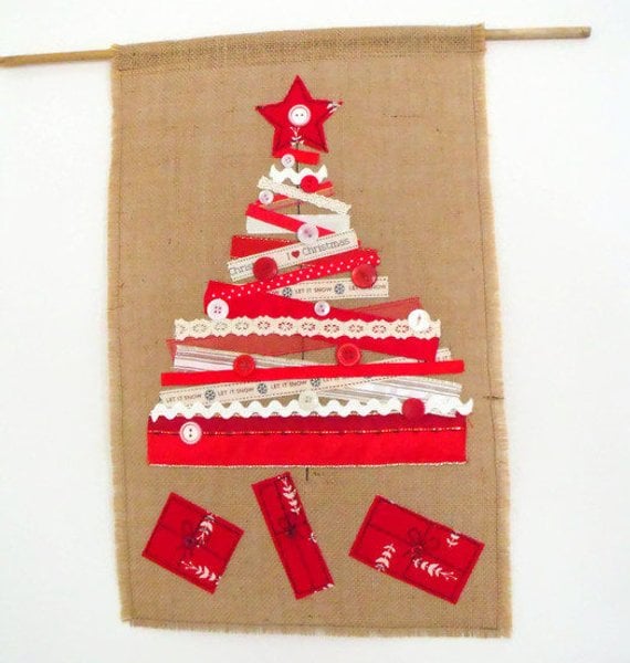 hessian red ribbon christmas tree and presents wall hanging decoration