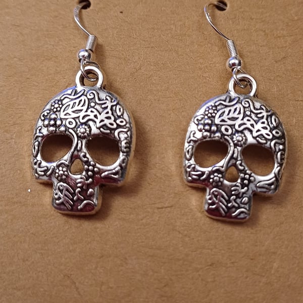 Skull Silver Halloween Charm Drop Earrings 