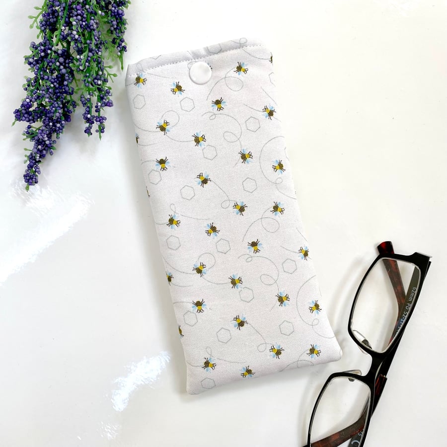 Glasses Case Soft Pouch Ditsy Bees Fabric Lined with Popper