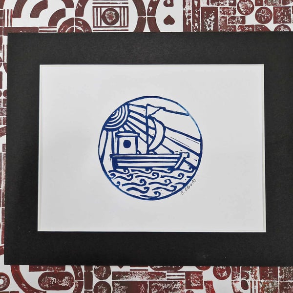 Boat Lino Print. 10X8 inches.