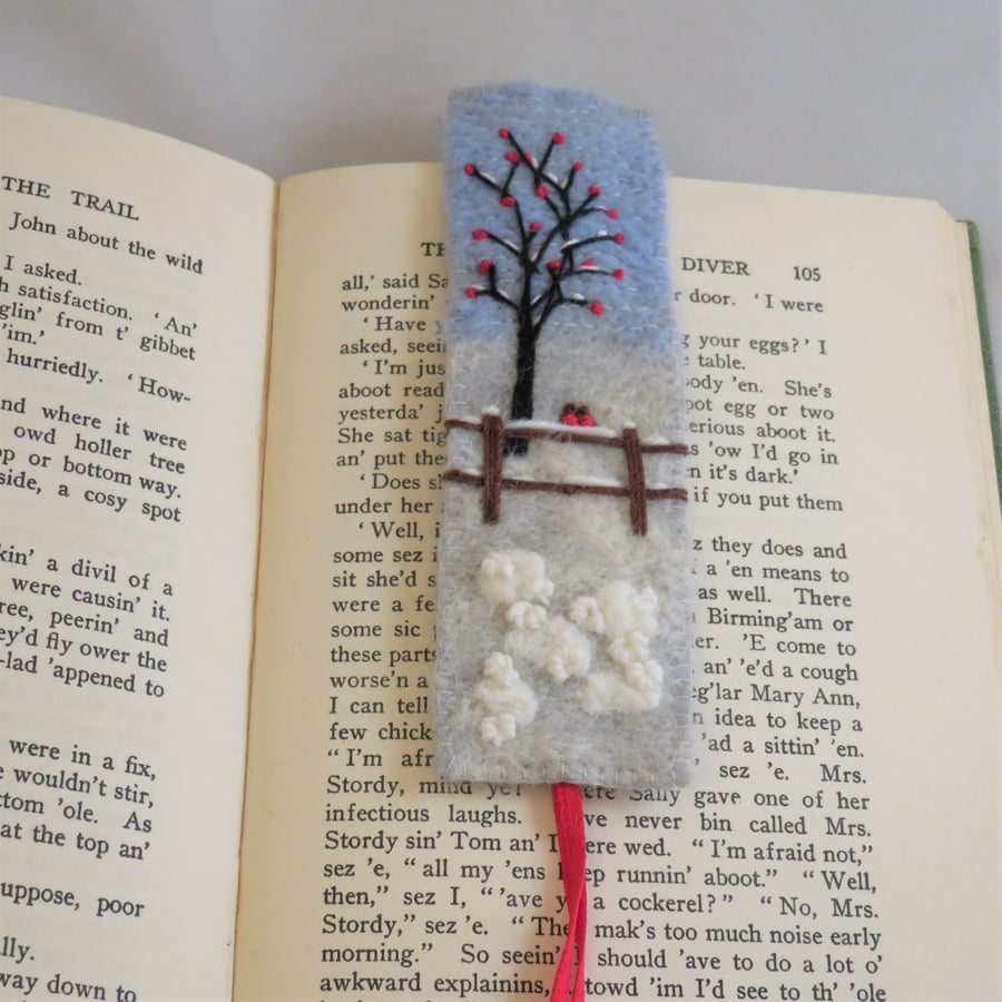 Two Robins in the Snow - Felted and embroidered bookmark