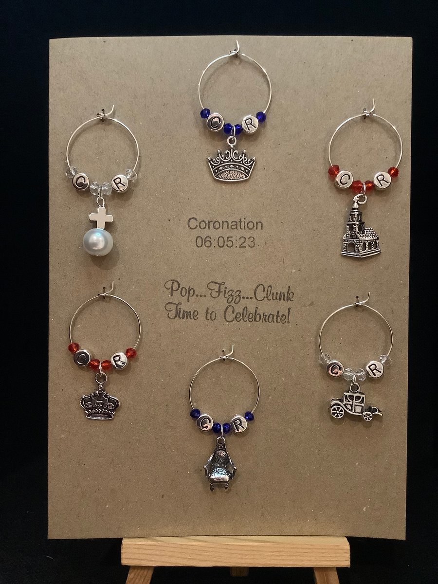 Handmade wine glass charms for the Coronation of King Charles III. 