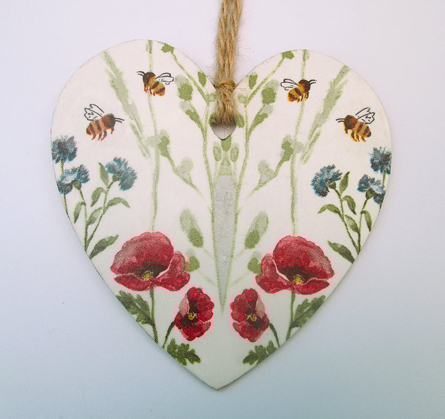 Wild flowers and bees wood decoupage heart hanging decoration