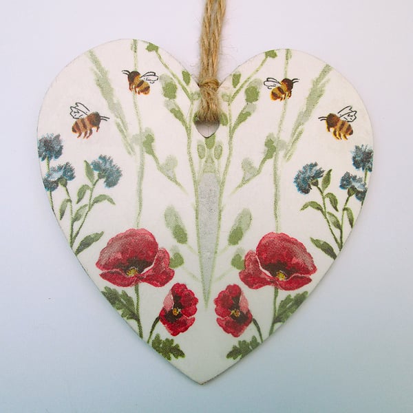 Wild flowers and bees wood decoupage heart hanging decoration