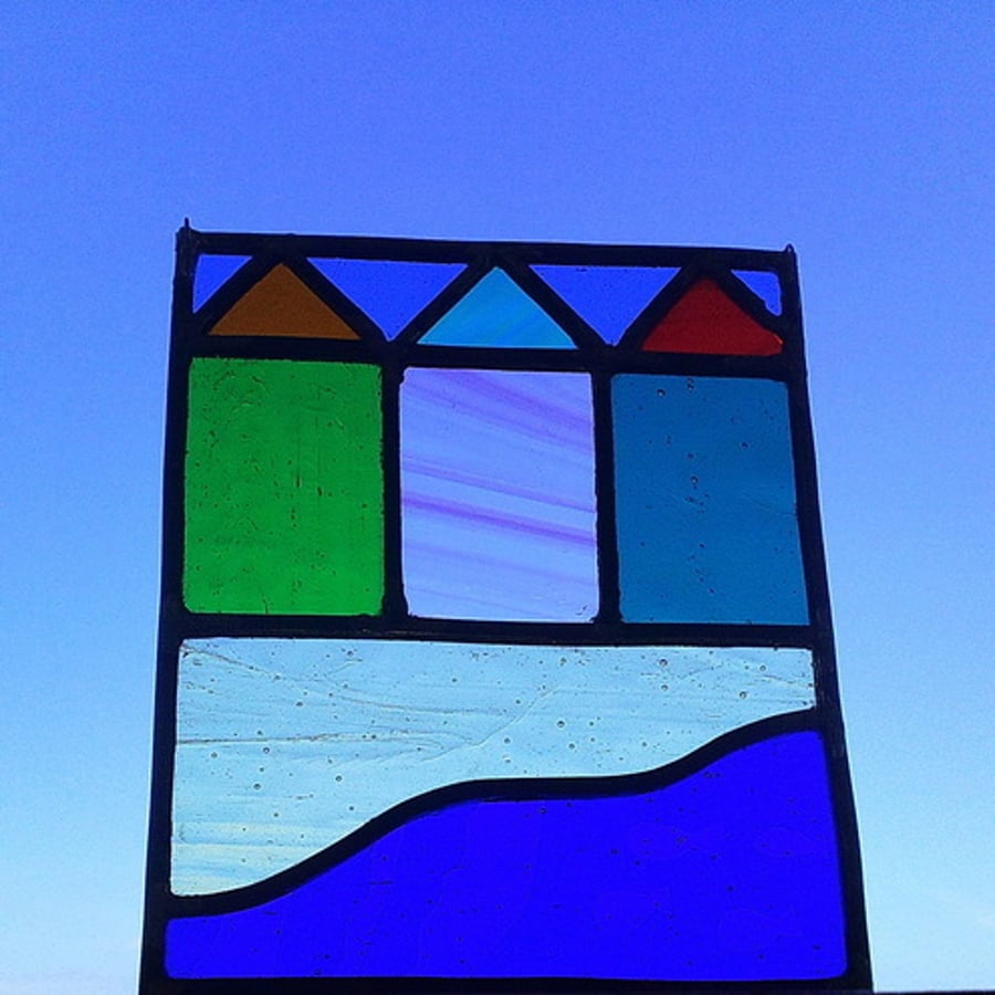 Beach Huts and Fish, Stained Glass Panel