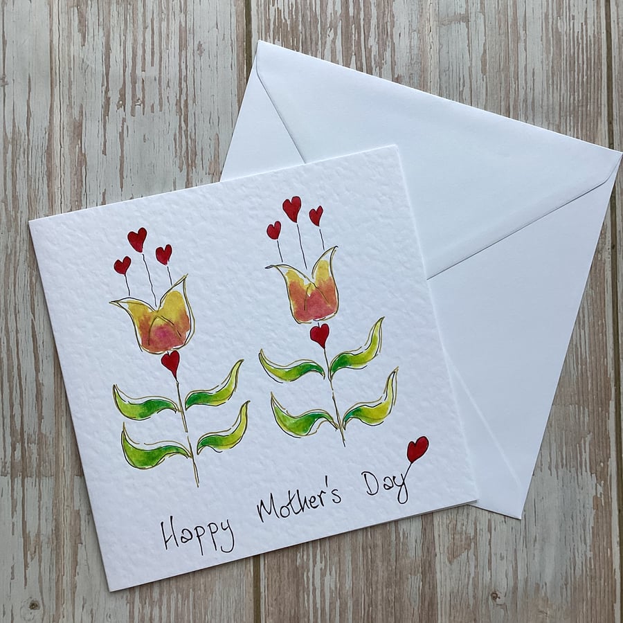 Hand painted Mother’s Day card, watercolour card, tulips and hearts