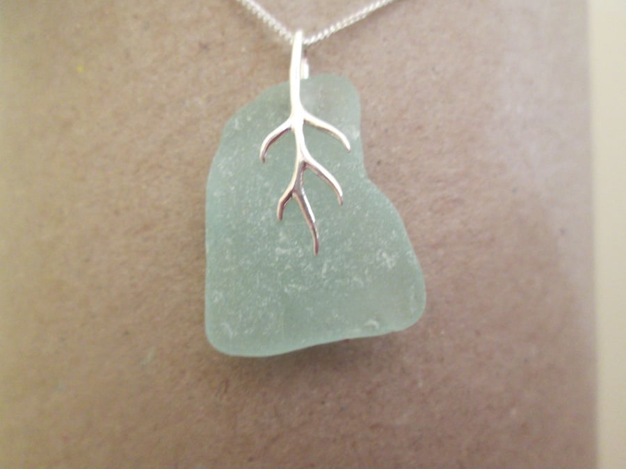 Aqua Sea Glass Pendant Necklace, Sterling Silver chain, Silver branching vein