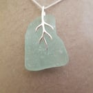 Aqua Sea Glass Pendant Necklace, Sterling Silver chain, Silver branching vein