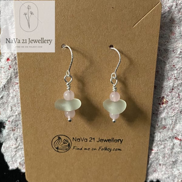 Clear Seaglass earrings with Rose Quartz bead Ref -CSGEQ 061121 -SOLD