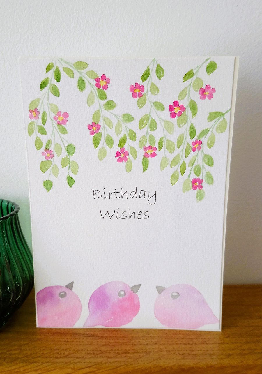 Original Hand Painted Birthday Card with Pink Birds & Flowers