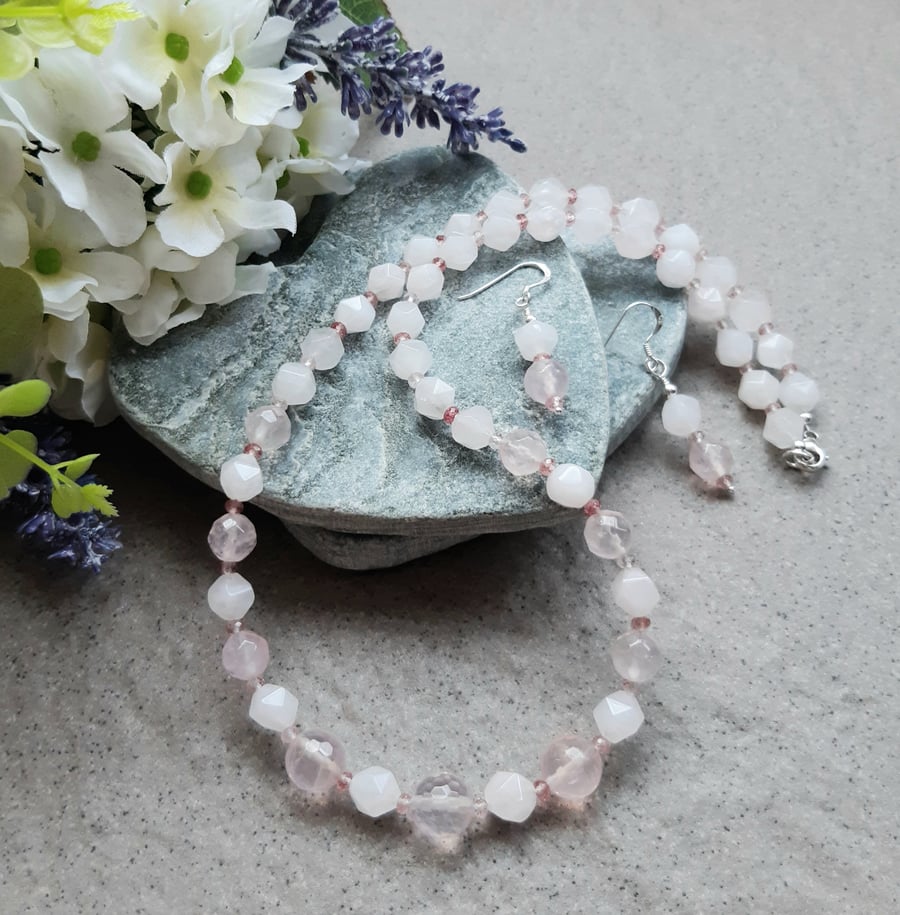  Rose Quartz and Strawberry Quartz Necklace and Earring Sterling Silver 