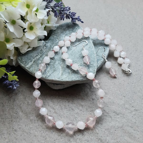  Rose Quartz and Strawberry Quartz Necklace and Earring Sterling Silver 