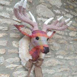 Handmade faux taxidermy stag Harris tweed multi check deer head wall mount