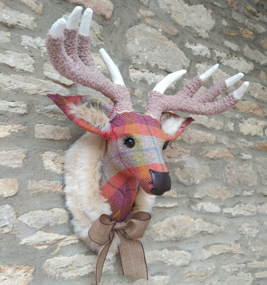 Handmade faux taxidermy stag Harris tweed multi check deer head wall mount
