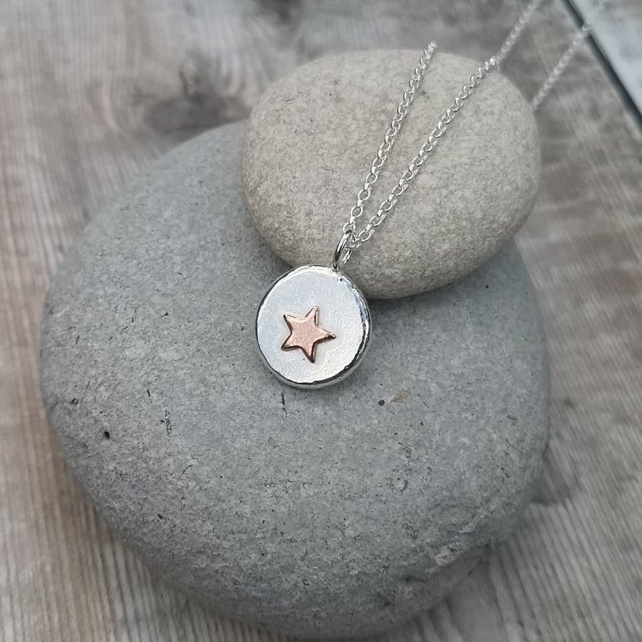 Sterling Silver Pebble Pendant Necklace with Copper Star
