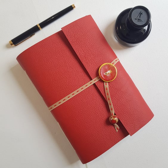 Red Leather Journal, Hand Bound with Ceramic Button , Art Journal, A5 size