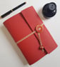 Red Leather Journal, Hand Bound with Ceramic Button , Art Journal, A5 size