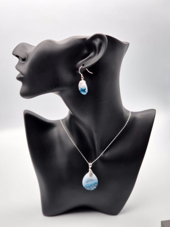 White and Blue Bubbles Fused Glass Hook Earrings and Pendant Set
