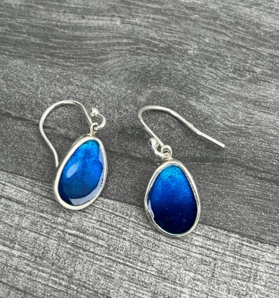 Sea Pebble Earrings, enamel earrings, blue enamel earrings, pebble earrings, 
