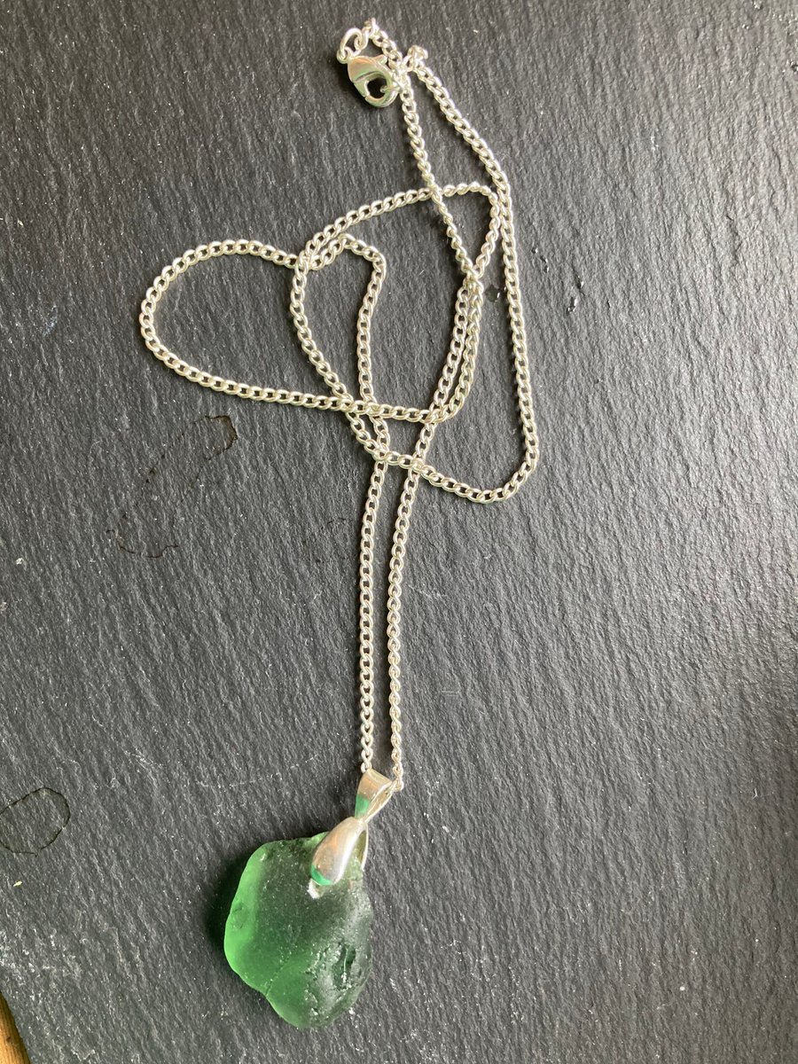 Silver plated 18in necklace with olive green sea glass pendant