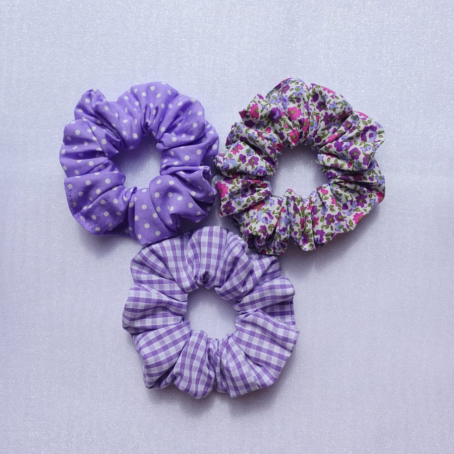 Mini Purple Gingham Scrunchies Gift Bundle Set, Floral Purple Scrunchies Small