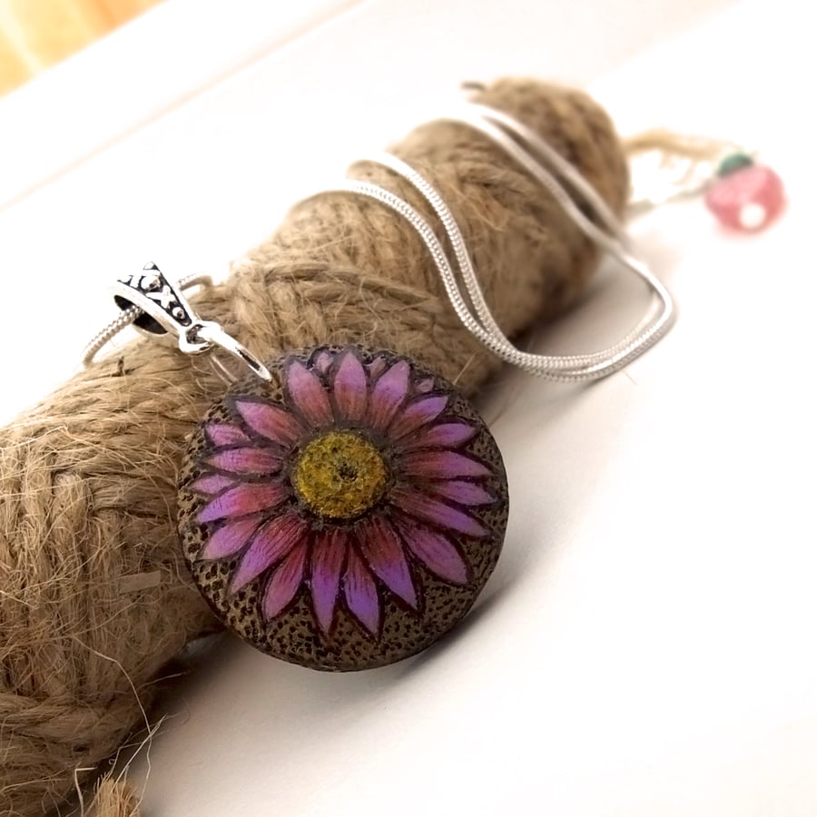 Tiny Flower Pyrography Pendant, Miniature wooden necklace for a garden lover