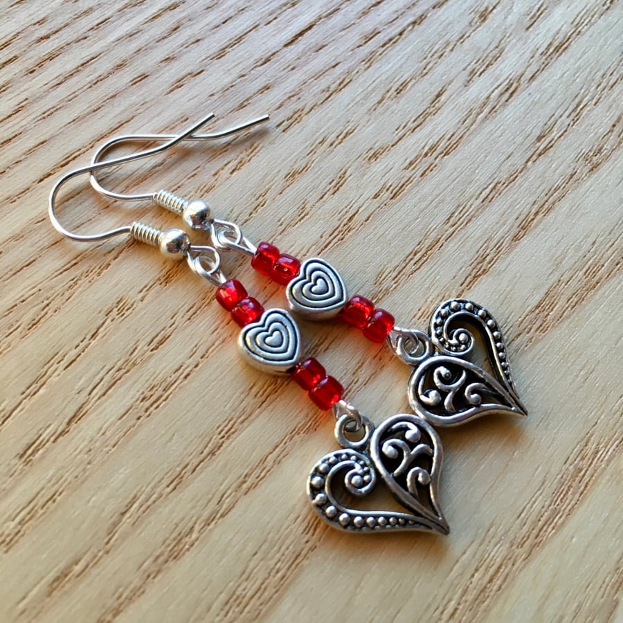 Red Heart Charm Bead Earrings