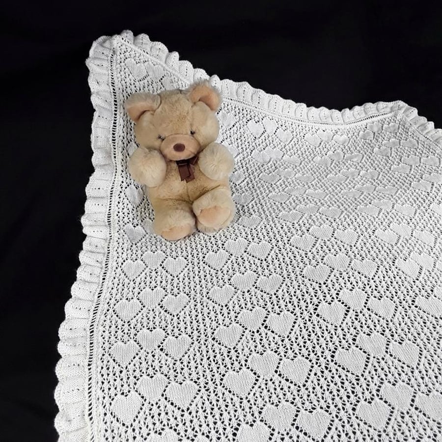 Cream hand knitted baby sweetheart shawl in lightweight yarn - receiving blanket