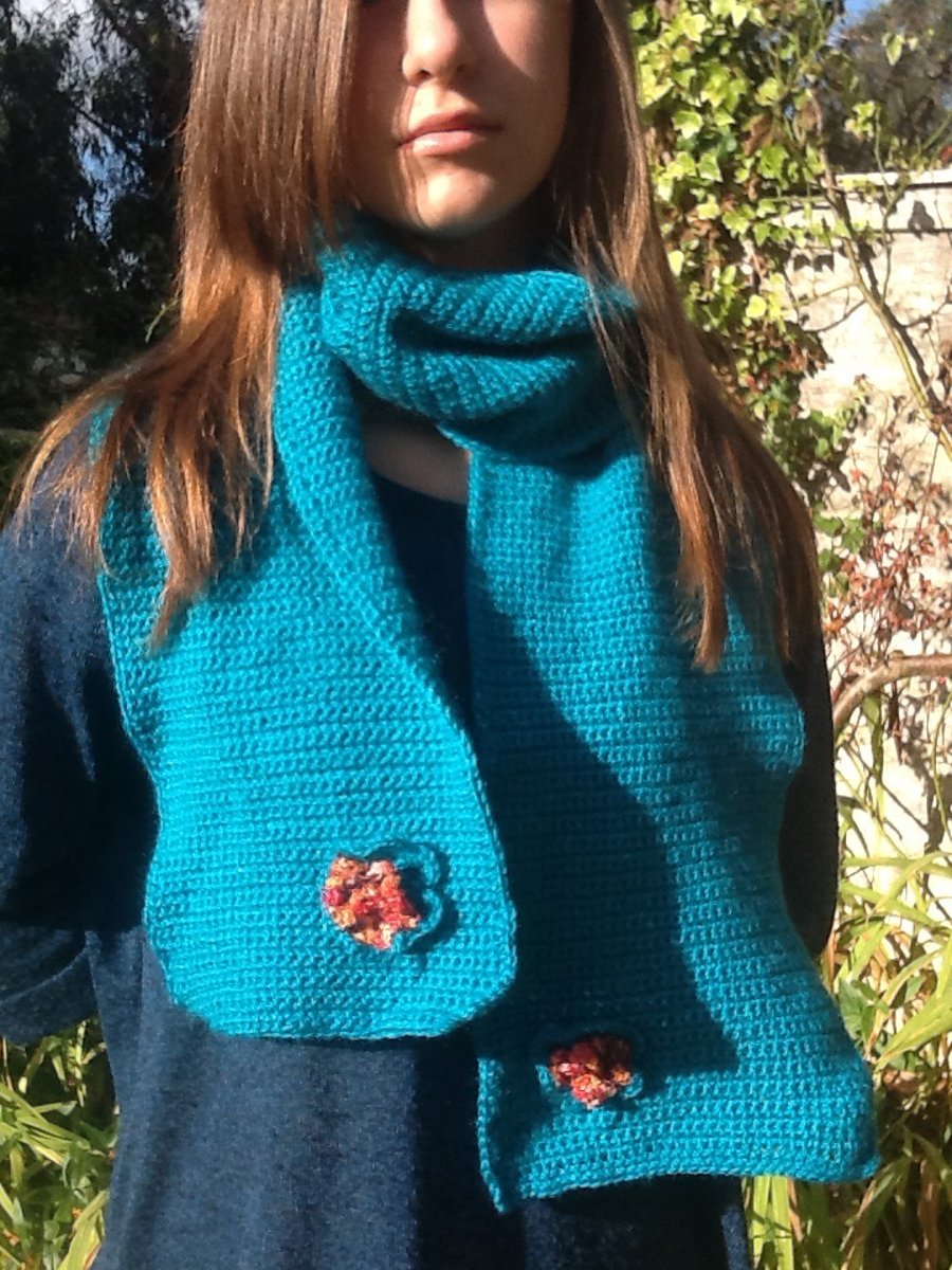 Autumn Emerald Crocheted Scarf with floral accents!