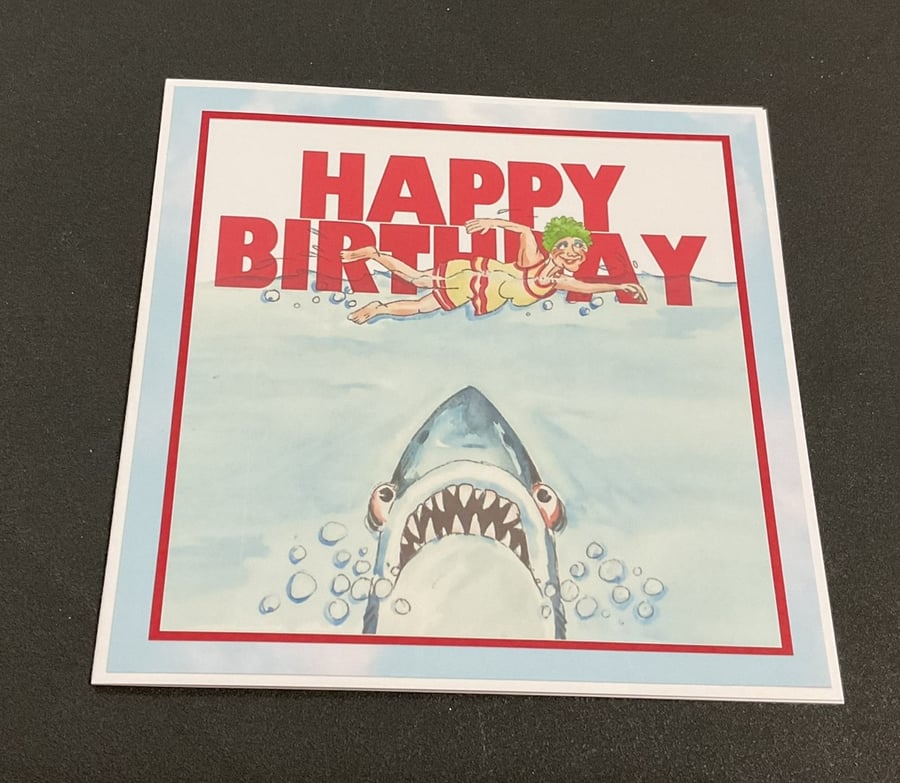 Handmade Funny Wrinklies at the Movies 6 x6 inch Birthday card - Jaws