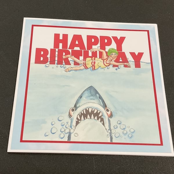 Handmade Funny Wrinklies at the Movies 6 x6 inch Birthday card - Jaws